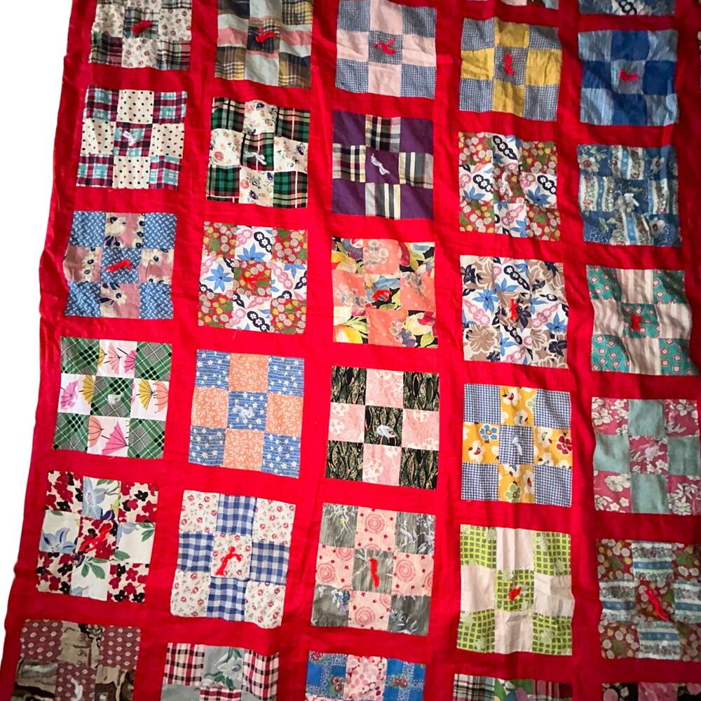 Vibrant Vintage Red Nine Patch Quilt Handcrafted Americana 65x75” - Picture 5 of 11